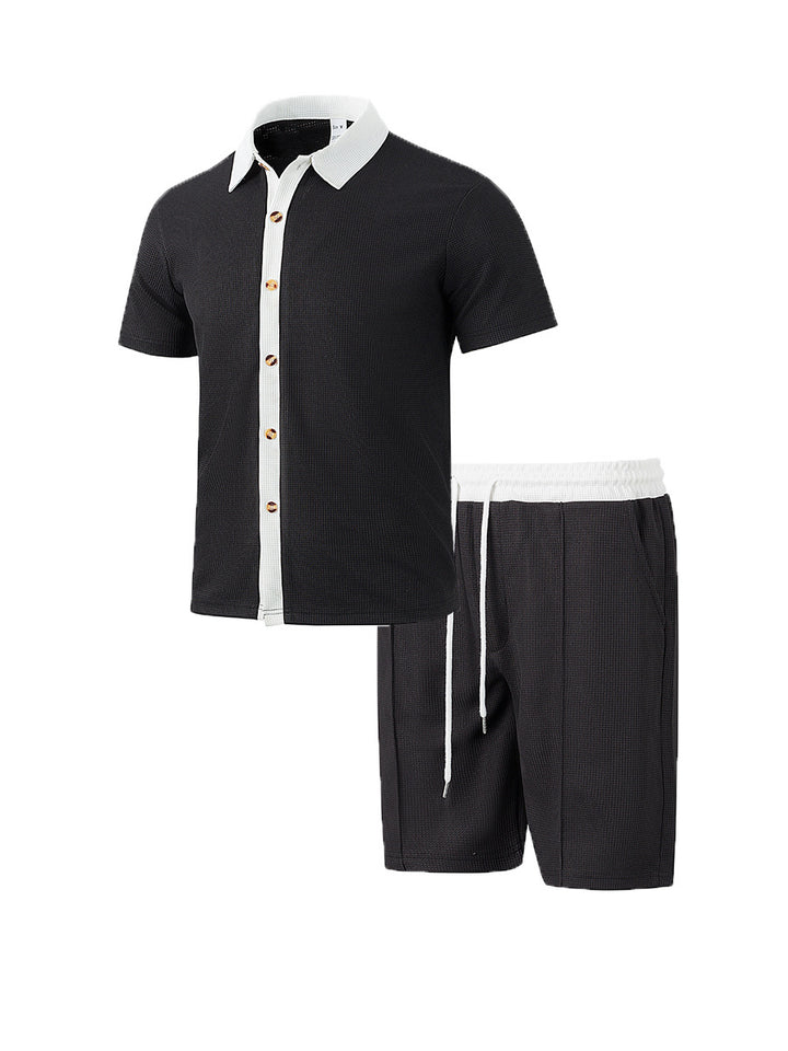 Men's modern leisure set made of fine textured jersey with shirt collar button placket and drawstring shorts StylebySassy