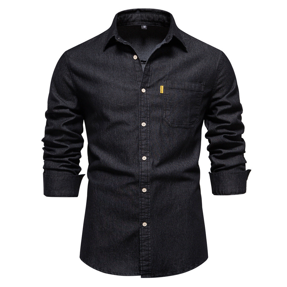 Men's narrow cut denim shirt with Kent collar and patch chest pockets StylebySassy