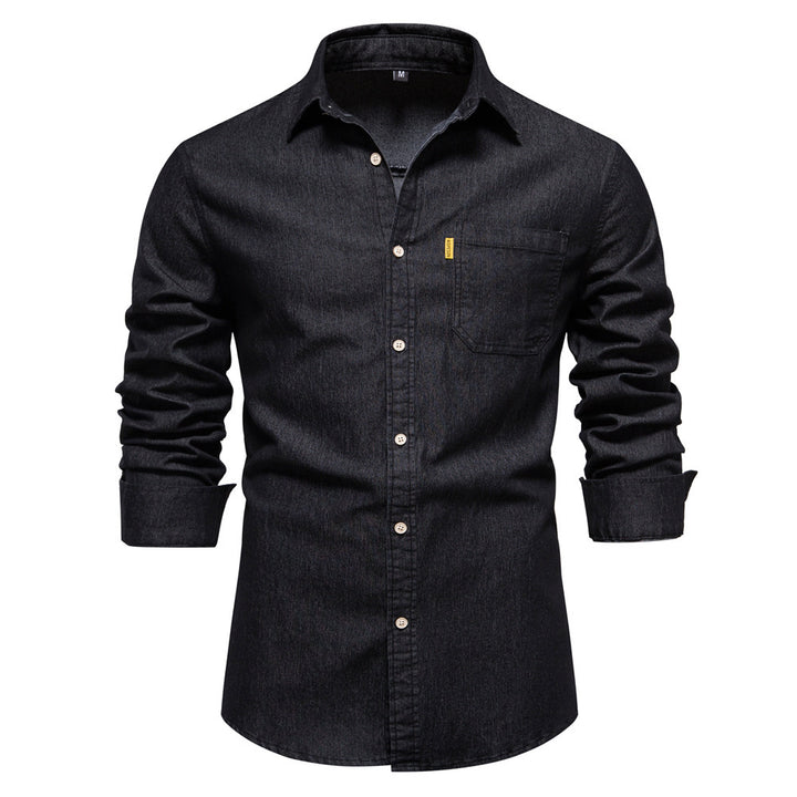 Men's narrow cut denim shirt with Kent collar and patch chest pockets StylebySassy