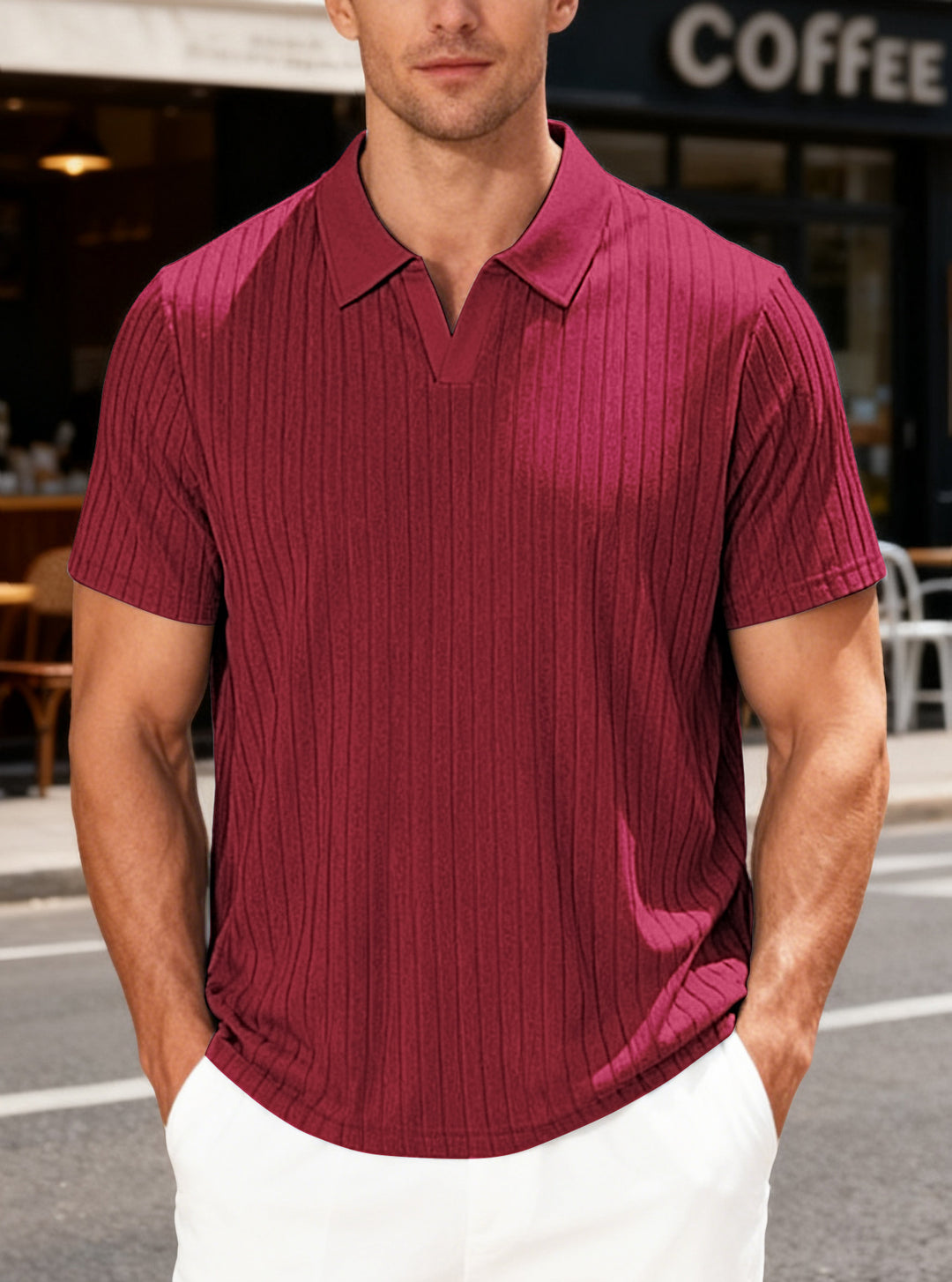 Men's structured short-sleeve polo with V-insert and shirt collar StylebySassy