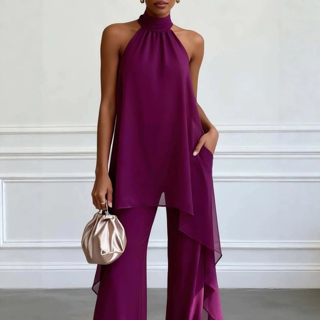 Ladies' elegant evening two-piece with gathered stand collar, asymmetrical ruffle, and flowing flared trousers StylebySassy