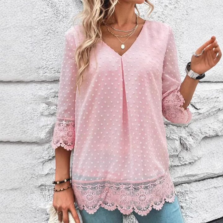 Ladies transparent chiffon blouse with polka dot structure, lace trim, V-neck and three-quarter sleeves StylebySassy