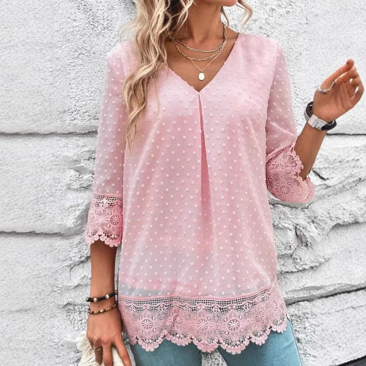 Women nan feminine chiffon tunic with dot relief, V-neck and crochet lace trim StylebySassy