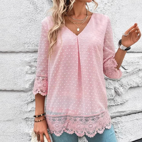 Women nan feminine chiffon tunic with dot relief, V-neck and crochet lace trim StylebySassy