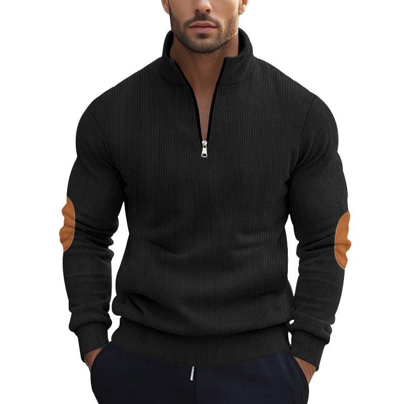 Men's structured cotton knit pullover with half zipper and elbow patches StylebySassy