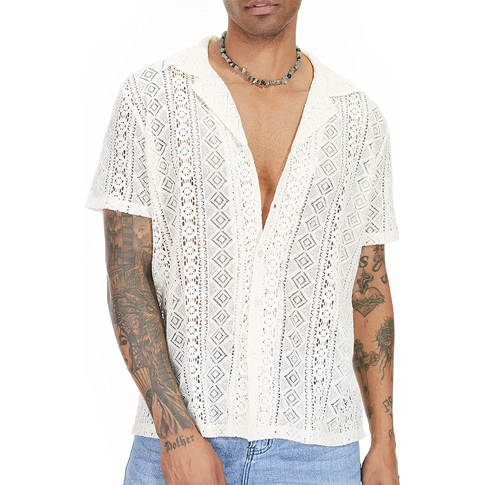 Men's airy crochet knit polo with open V-neck and Kent collar StylebySassy