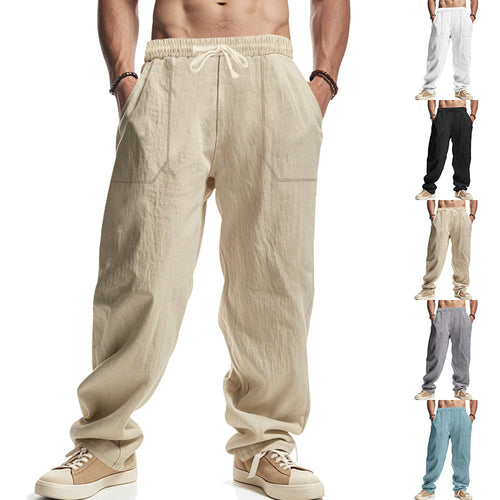 Men's casual linen trousers with elastic waistband, drawstring, and large side pockets StylebySassy
