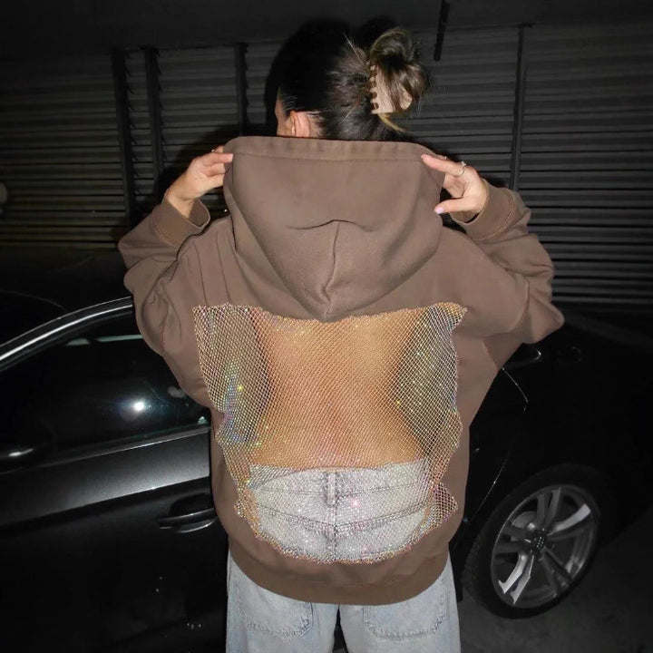 Women's hooded sweatshirt with transparent embroidered back section StylebySassy