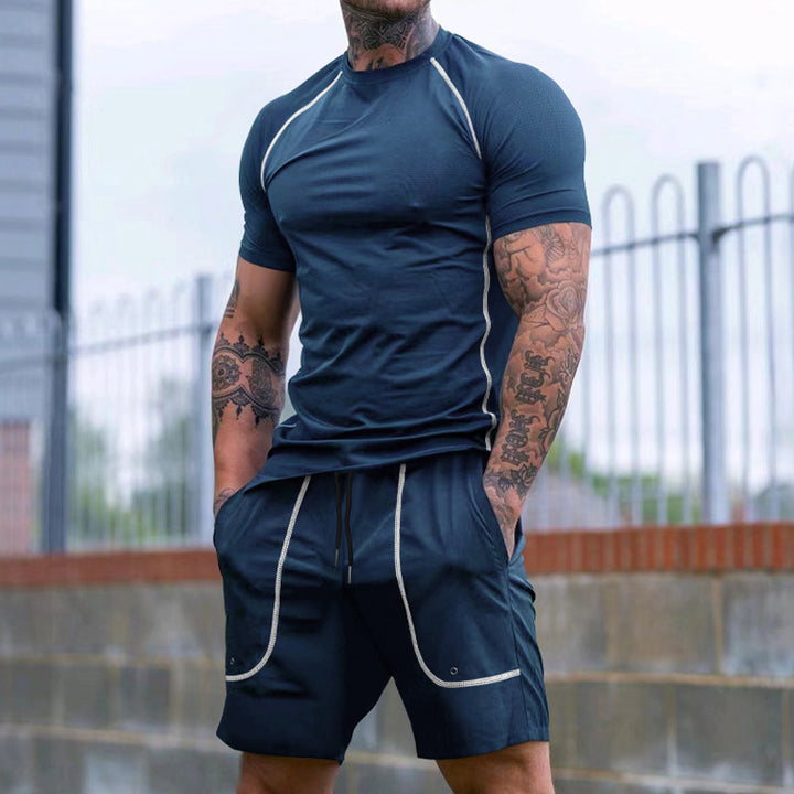 Men's Raglan-Fit Short Sleeve Shirt and Drawstring Shorts Set made of breathable stretch jersey with contrast stitching StylebySassy