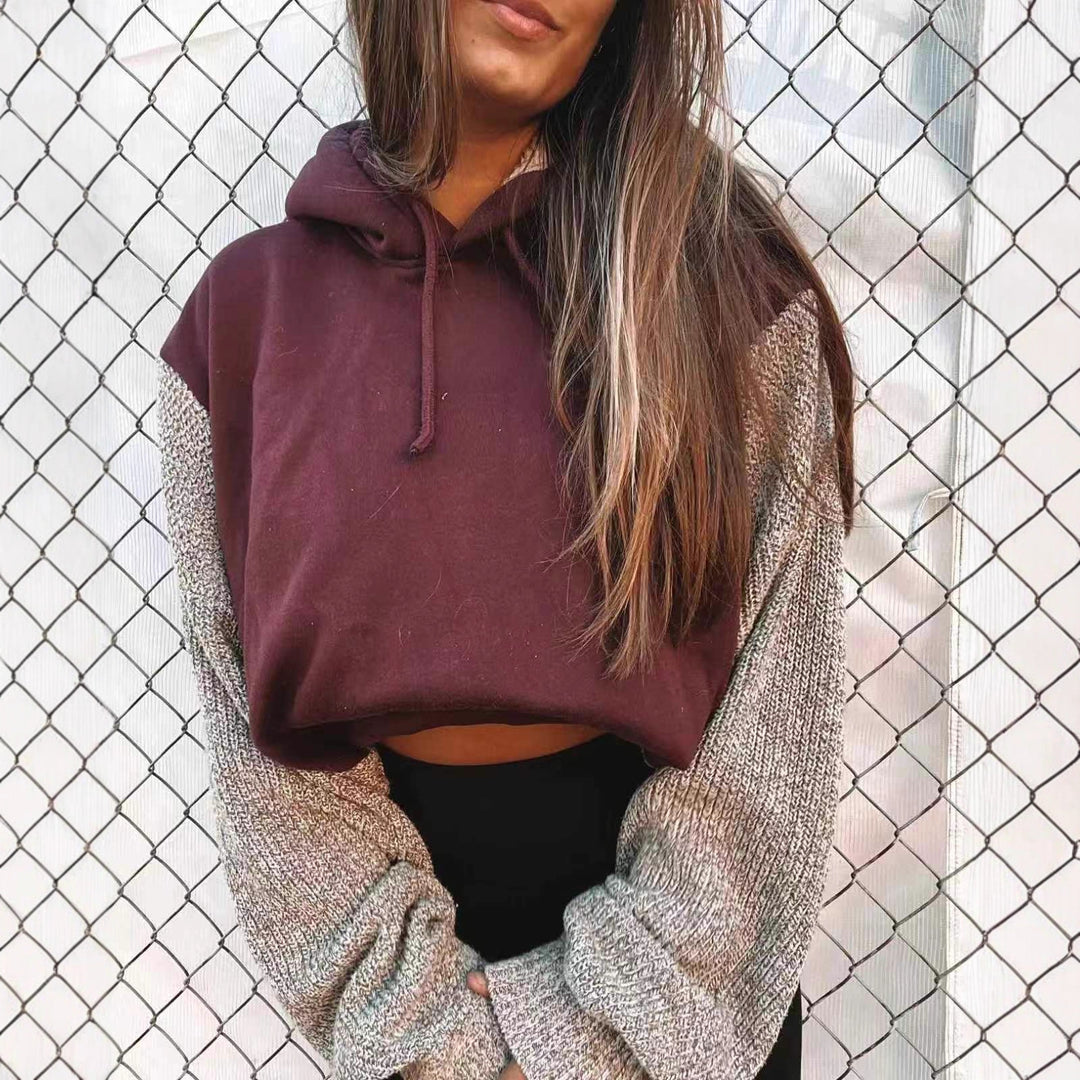 Women's Hooded Cropped Pullover with Wide-Cut Knitted Sleeves and Drawstring StylebySassy