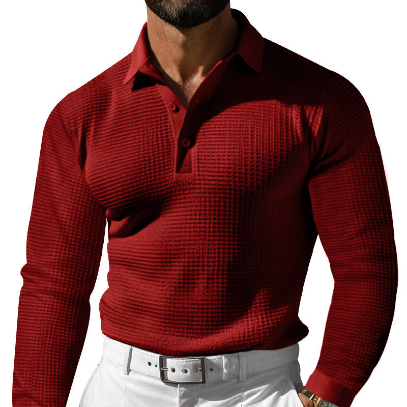 Men's long sleeve polo shirt made of waffle knit with a slim fit, concealed button placket, and shirt collar StylebySassy