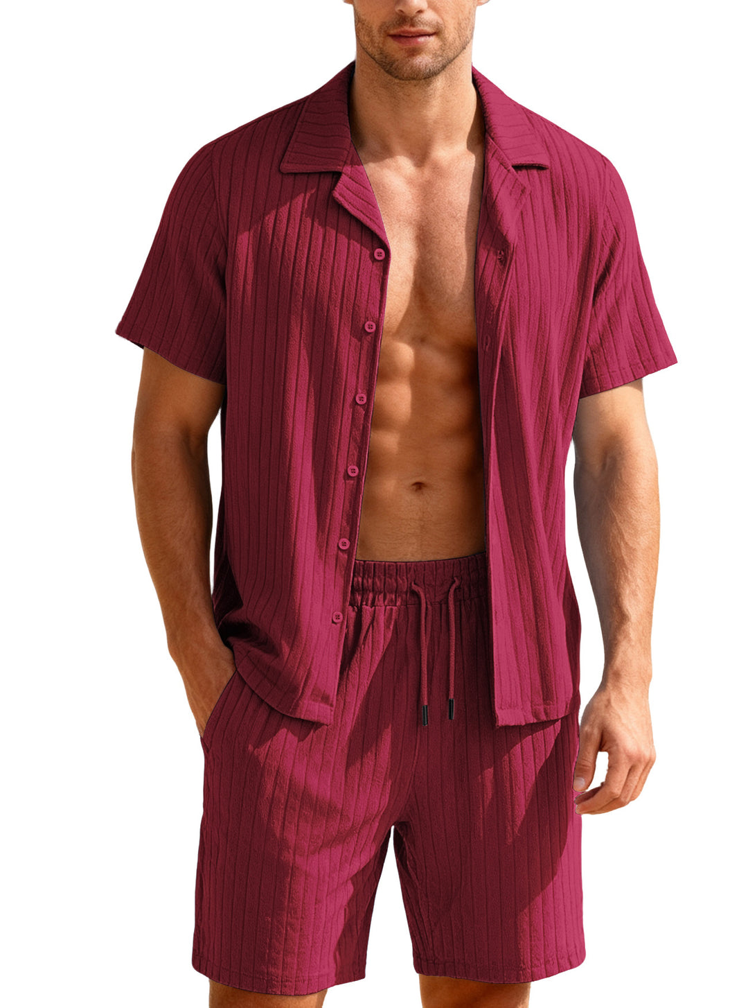 Men's ribbed fine knit lounge set with short sleeve lapel shirt and drawstring shorts StylebySassy