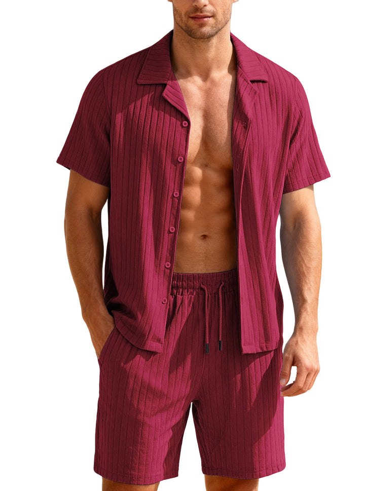 Men's ribbed fine knit lounge set with short sleeve lapel shirt and drawstring shorts StylebySassy