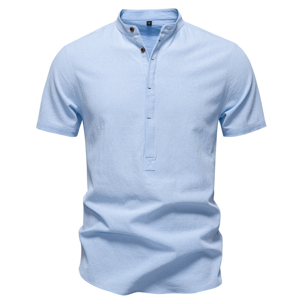 Men's casual short-sleeve shirt with stand-up collar, half button placket, and lightly textured cotton-linen quality StylebySassy