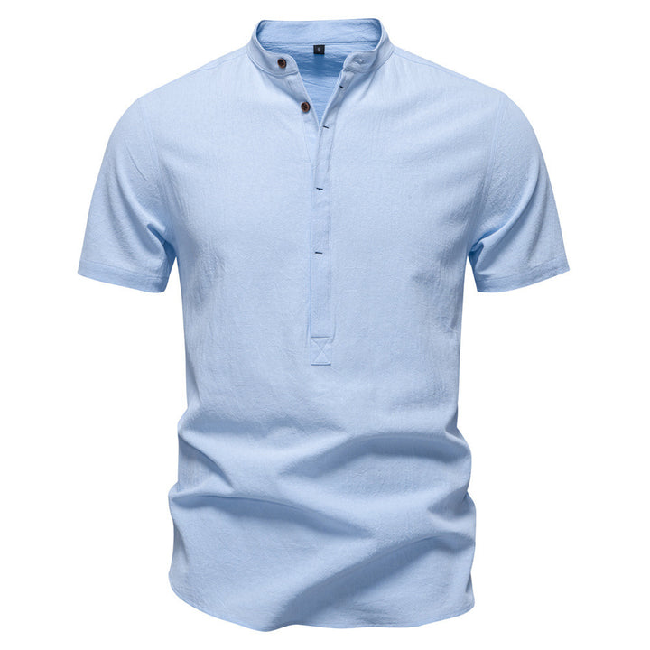 Men's casual short-sleeve shirt with stand-up collar, half button placket, and lightly textured cotton-linen quality StylebySassy