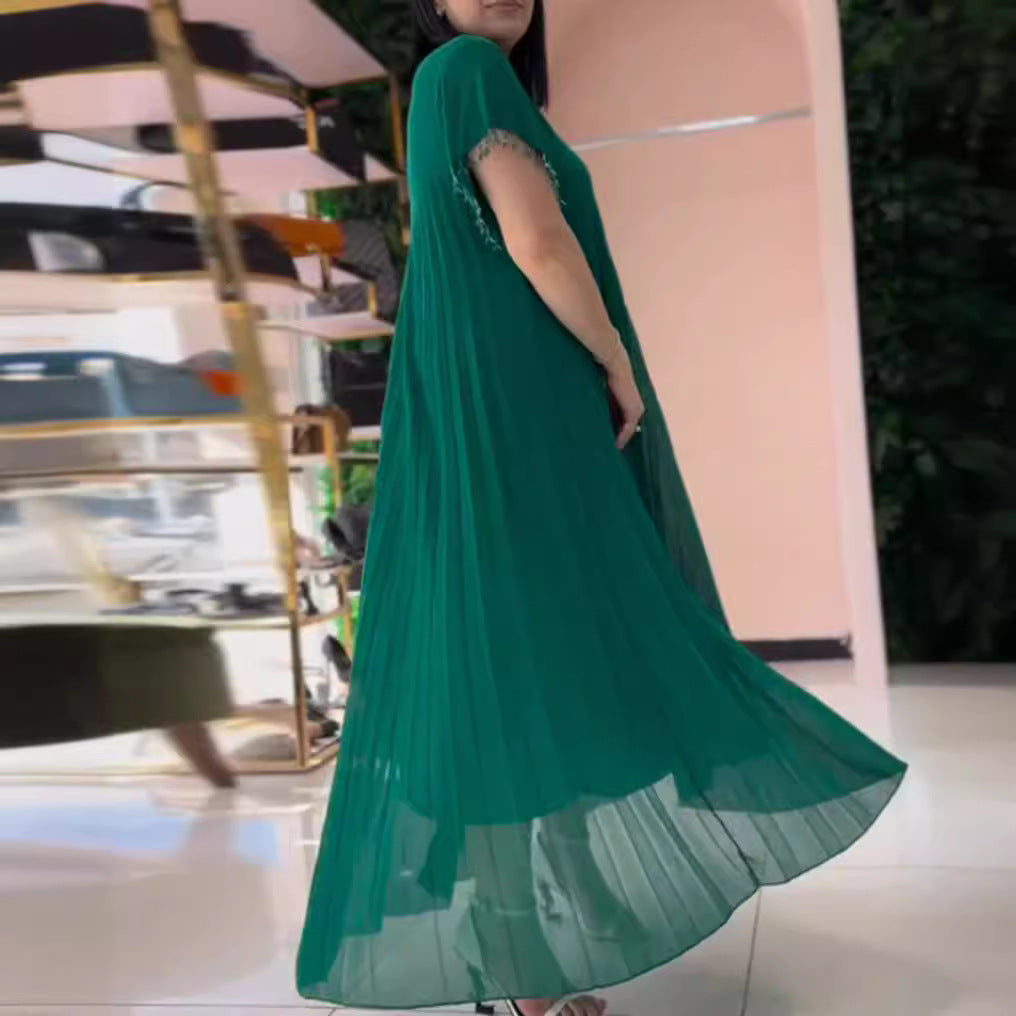 Women nan elegant chiffon pleated maxi dress with wide swing skirt and tassel sleeves StylebySassy