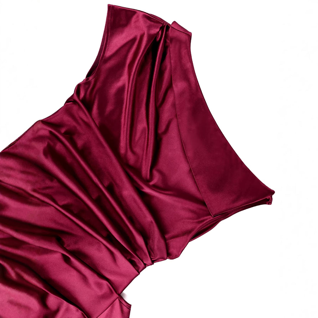 Ladies elegant satin evening dress with asymmetrical ruffled details StylebySassy