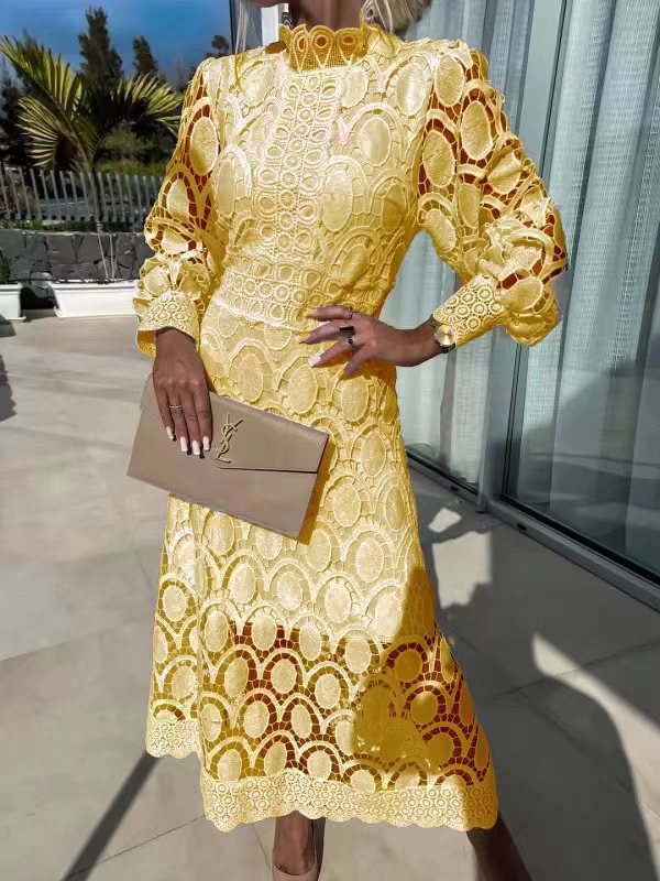 Women's crocheted midi dress with stand-up collar, transparent lace sleeves, and fitted A-line StylebySassy