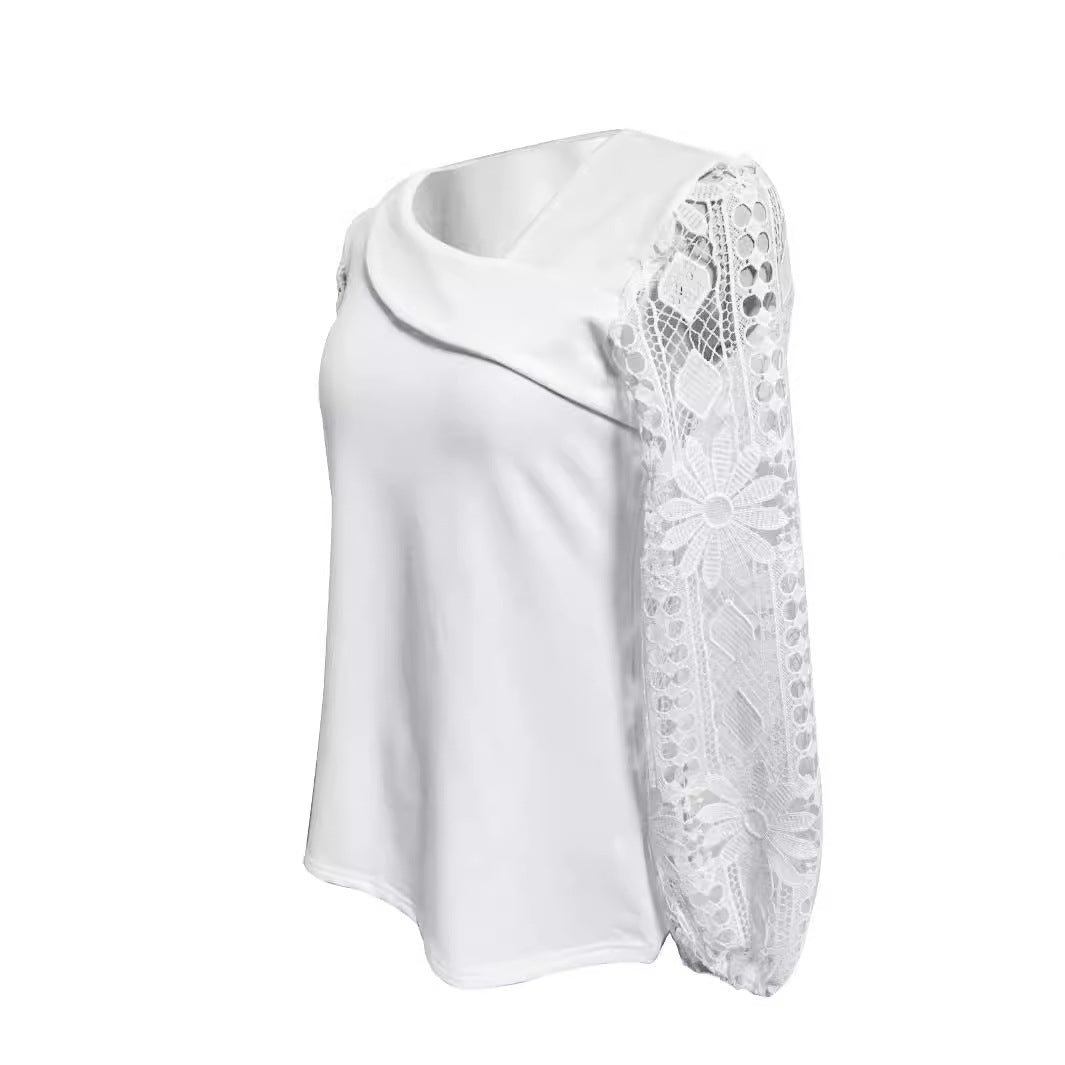 Ladies nan tunic top with asymmetrical waterfall yoke and floral lace balloon sleeves StylebySassy