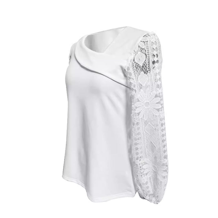 Ladies nan tunic top with asymmetrical waterfall yoke and floral lace balloon sleeves StylebySassy
