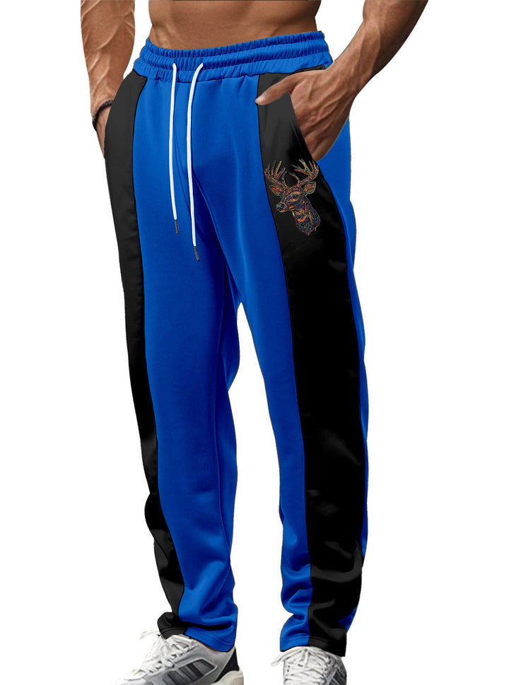 Men's sporty track pants with side contrast stripes, elastic waistband, drawstring, and deer embroidery StylebySassy