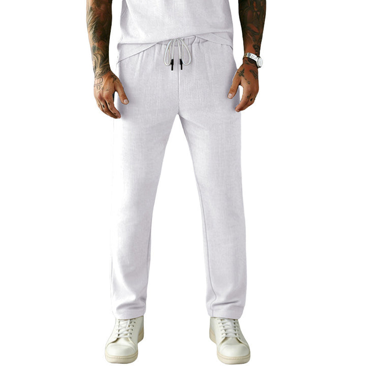 Men's narrow-cut comfort pants with elastic waistband, drawstring, and fine ribbed structure StylebySassy