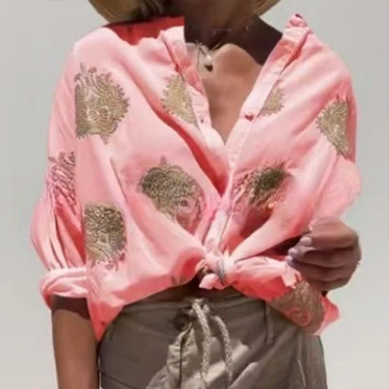Women's oversized shirt blouse with knot front and paisley embroidery StylebySassy