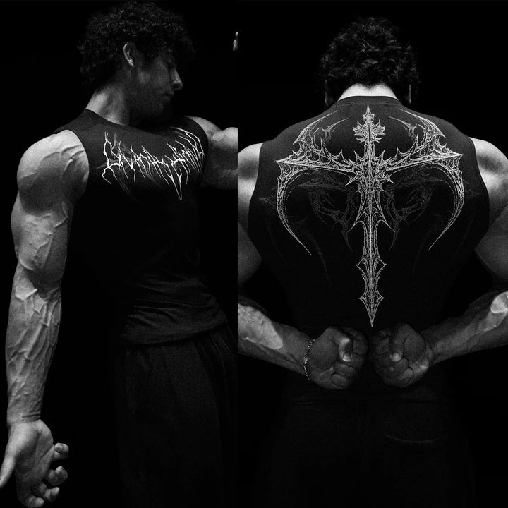 Men's form-fitting training tank top with deep armholes and intricate back print StylebySassy