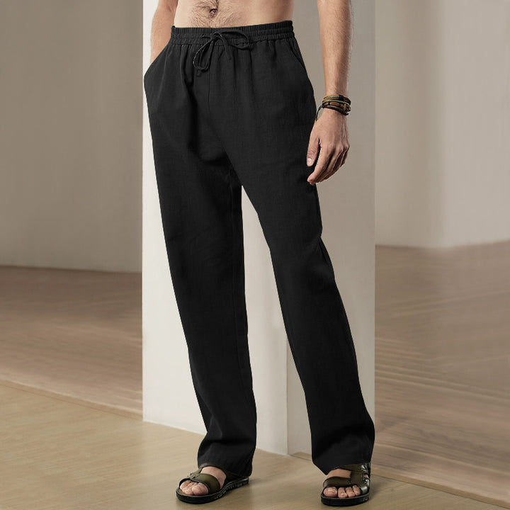 Men's comfortable linen-cotton blend relaxed pants with straight leg, elastic waistband, and concealed side pockets StylebySassy