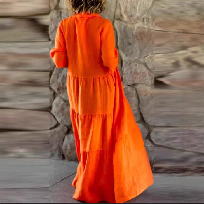 Women's long shirt dress with gathered waist seam, three-quarter sleeves and tiered flounce skirt StylebySassy