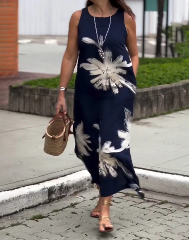 Women sleeveless casual maxi dress made of lightweight jersey with large brush flower pattern and hidden side pockets StylebySassy
