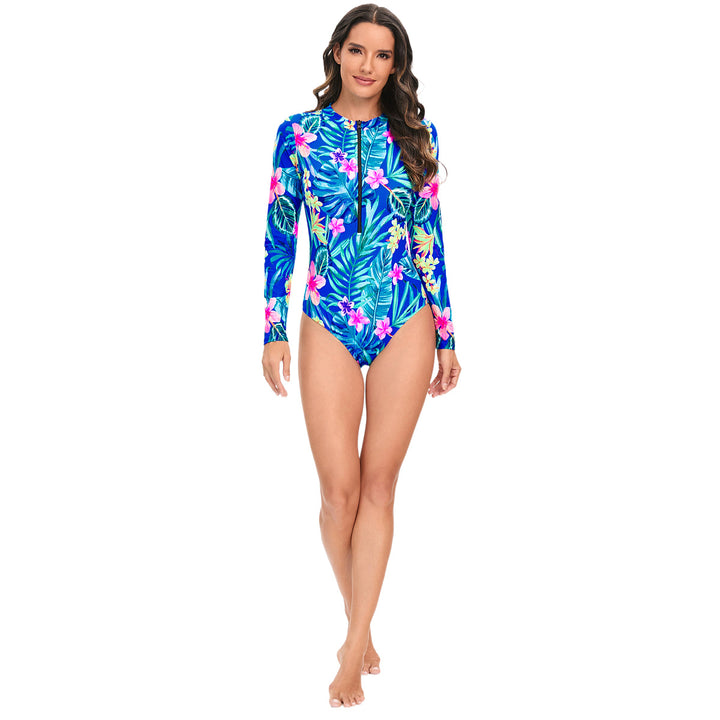 Women Sporty Long Sleeve Swimsuit with Floral Accents StylebySassy