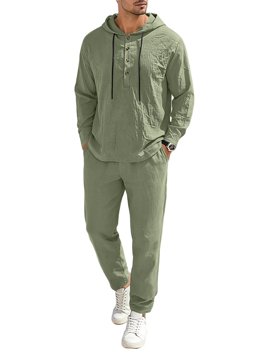 Men's relaxed hoodie Henley leisure suit made of lightweight cotton blend with linen look, featuring drawstring and elastic waistband pants StylebySassy