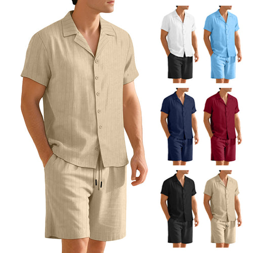 Men's ribbed knit lounge set with lapel collar short-sleeve shirt and comfort bermuda StylebySassy