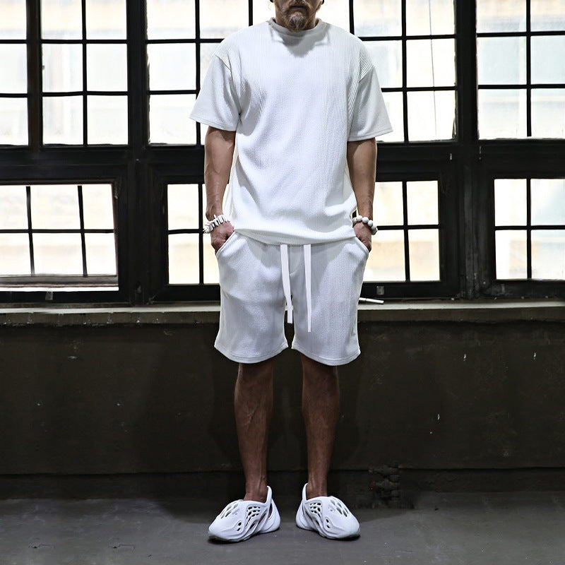 Men's casual waffle jersey set with loose top and drawstring shorts StylebySassy