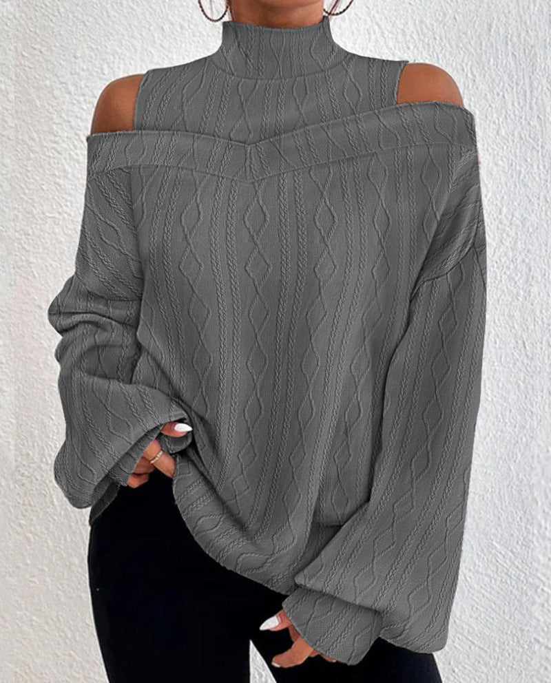 Women's Oversized Knit Sweater with Stand Collar, Open Shoulder Detail and Cable Knit Pattern StylebySassy