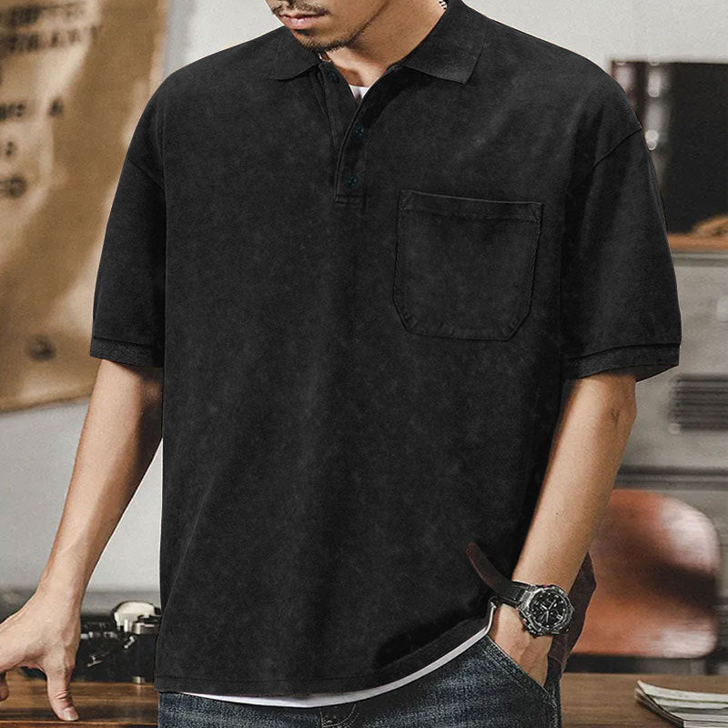 Men's loosely cut cotton polo shirt with a patch chest pocket and short button placket StylebySassy