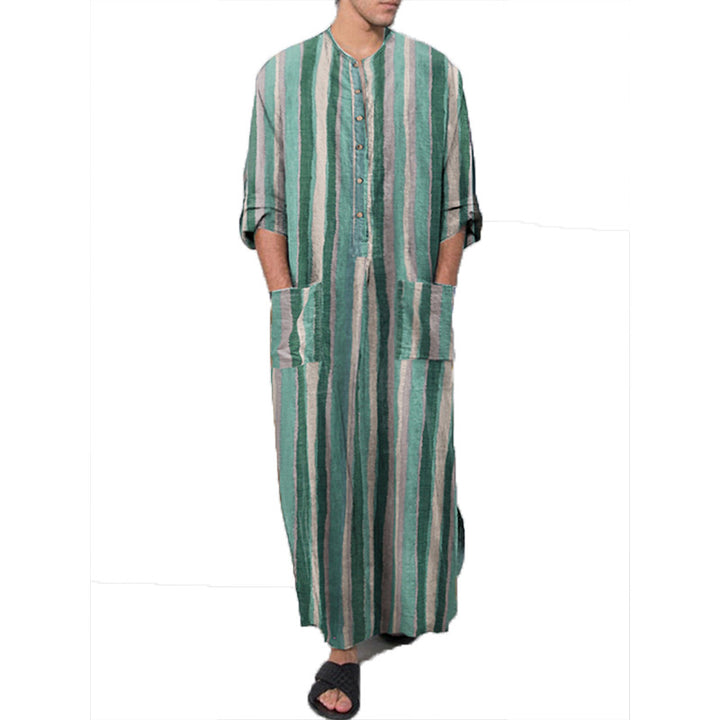 Men's ankle-length striped linen blend kaftan with stand-up collar and patch waist pockets StylebySassy
