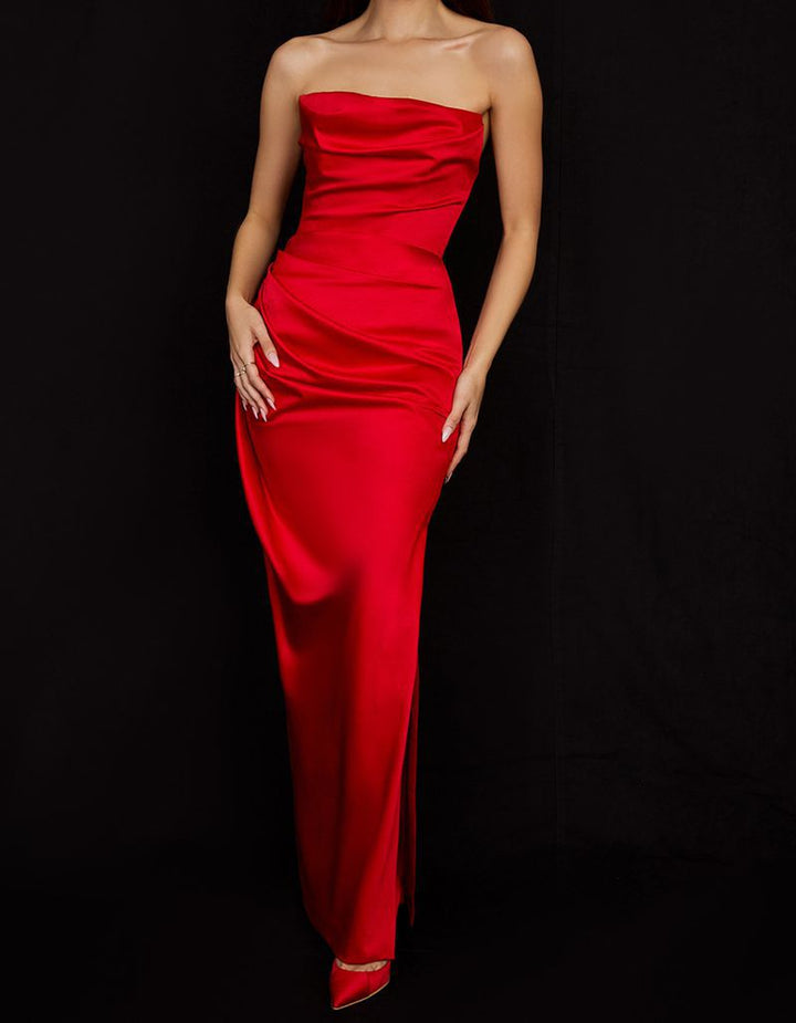Ladies nan luxurious satin evening dress with draped bustier tailored draping and slim column silhouette StylebySassy