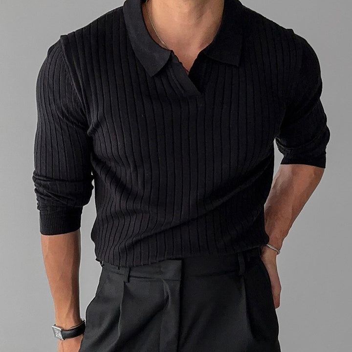 Men's fitted ribbed polo sweater with open V-neck and slim fit StylebySassy