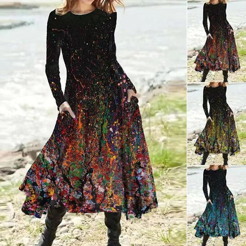 Women's A-line midi dress with abstract spray pattern, round neckline, long sleeves and side pockets StylebySassy