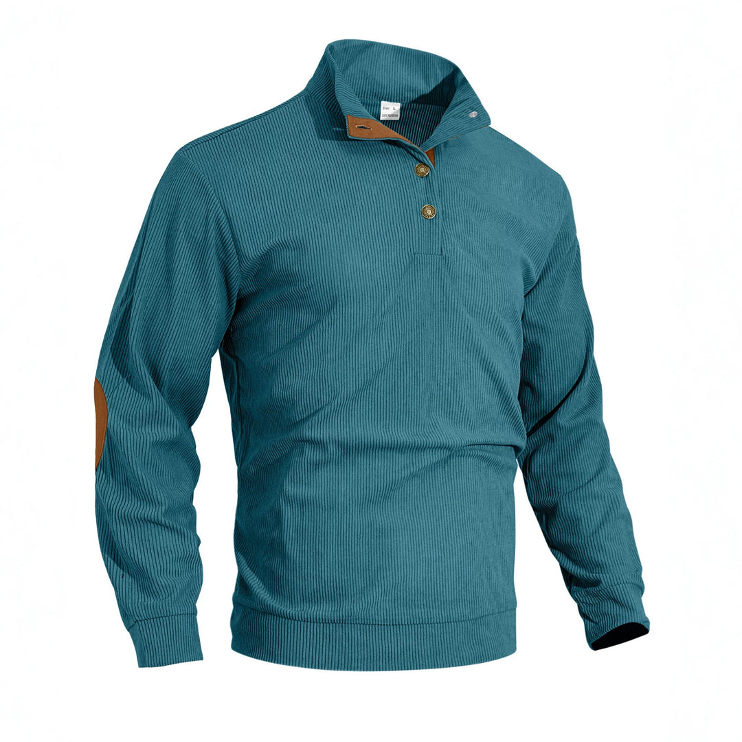 Men's fine ribbed knitted pullover with polo collar button placket and elbow patch StylebySassy