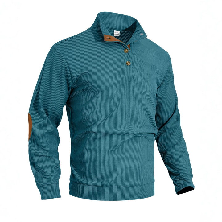 Men's fine ribbed knitted pullover with polo collar button placket and elbow patch StylebySassy