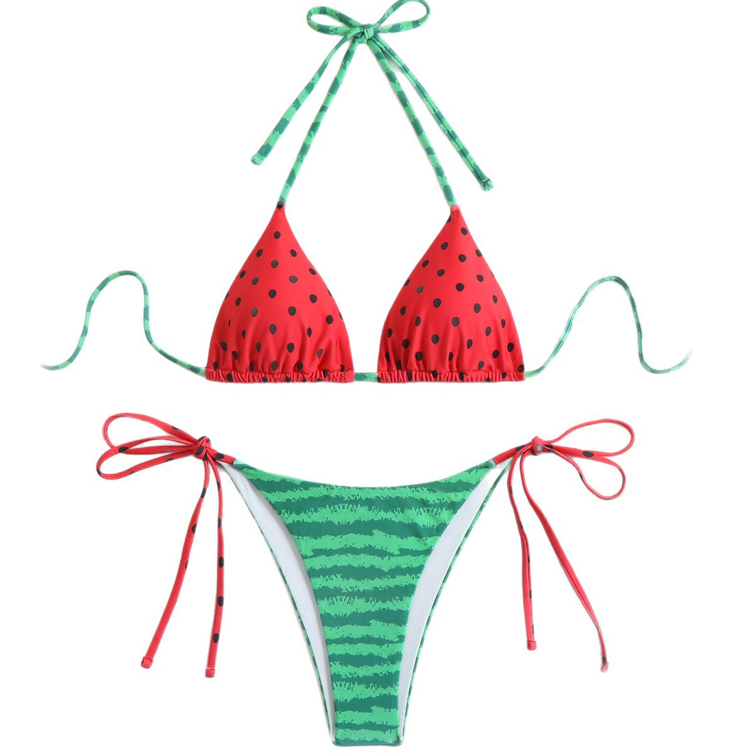 Women's triangle bikini with playful fruit design and adjustable straps StylebySassy