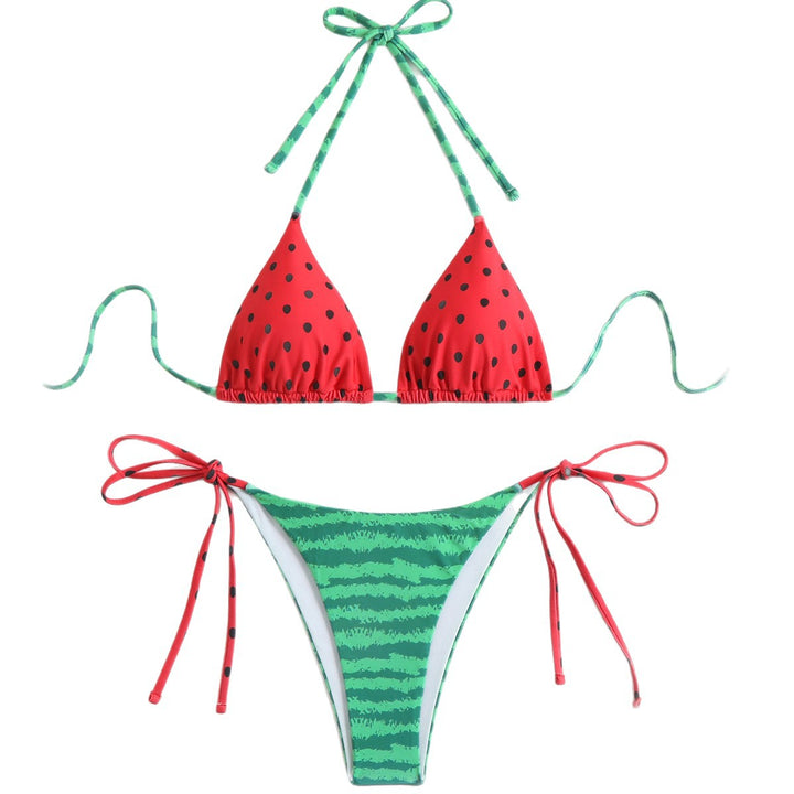 Women's triangle bikini with playful fruit design and adjustable straps StylebySassy