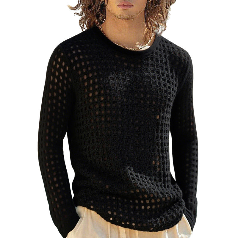 Men's airy openwork knit sweater with square mesh pattern and crew neck StylebySassy