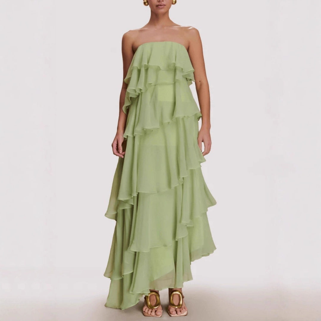 Women Long Ruffle Summer Dress with Gathered Details StylebySassy