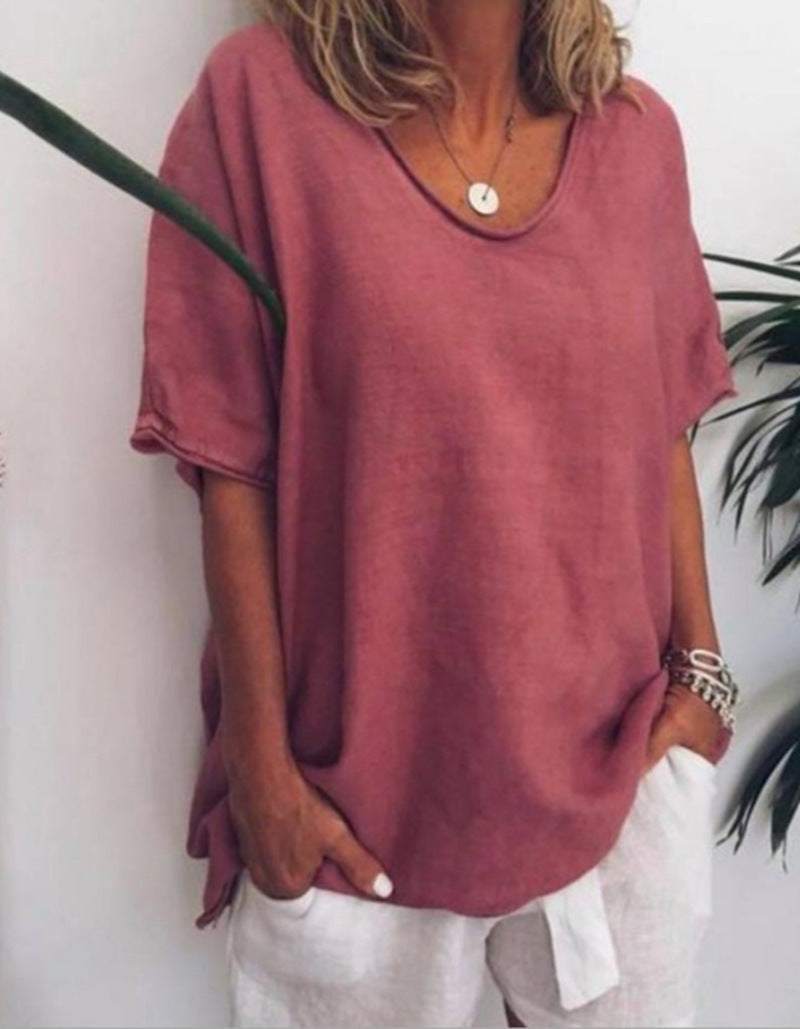 Women's loose linen blend tunic with dropped shoulder and rounded hem StylebySassy