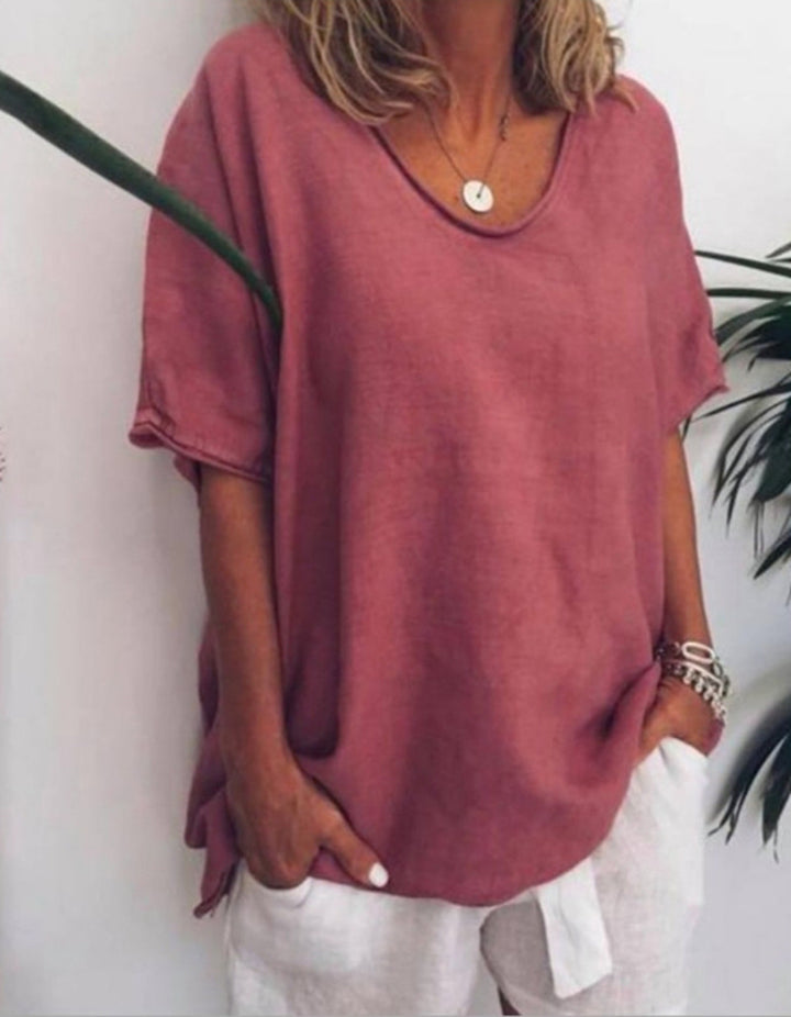 Women's loose linen blend tunic with dropped shoulder and rounded hem StylebySassy