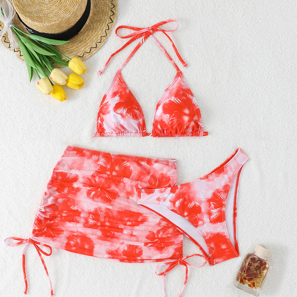 Women's Triangle Bikini Set with Adjustable Straps and Floral Wrap Skirt StylebySassy